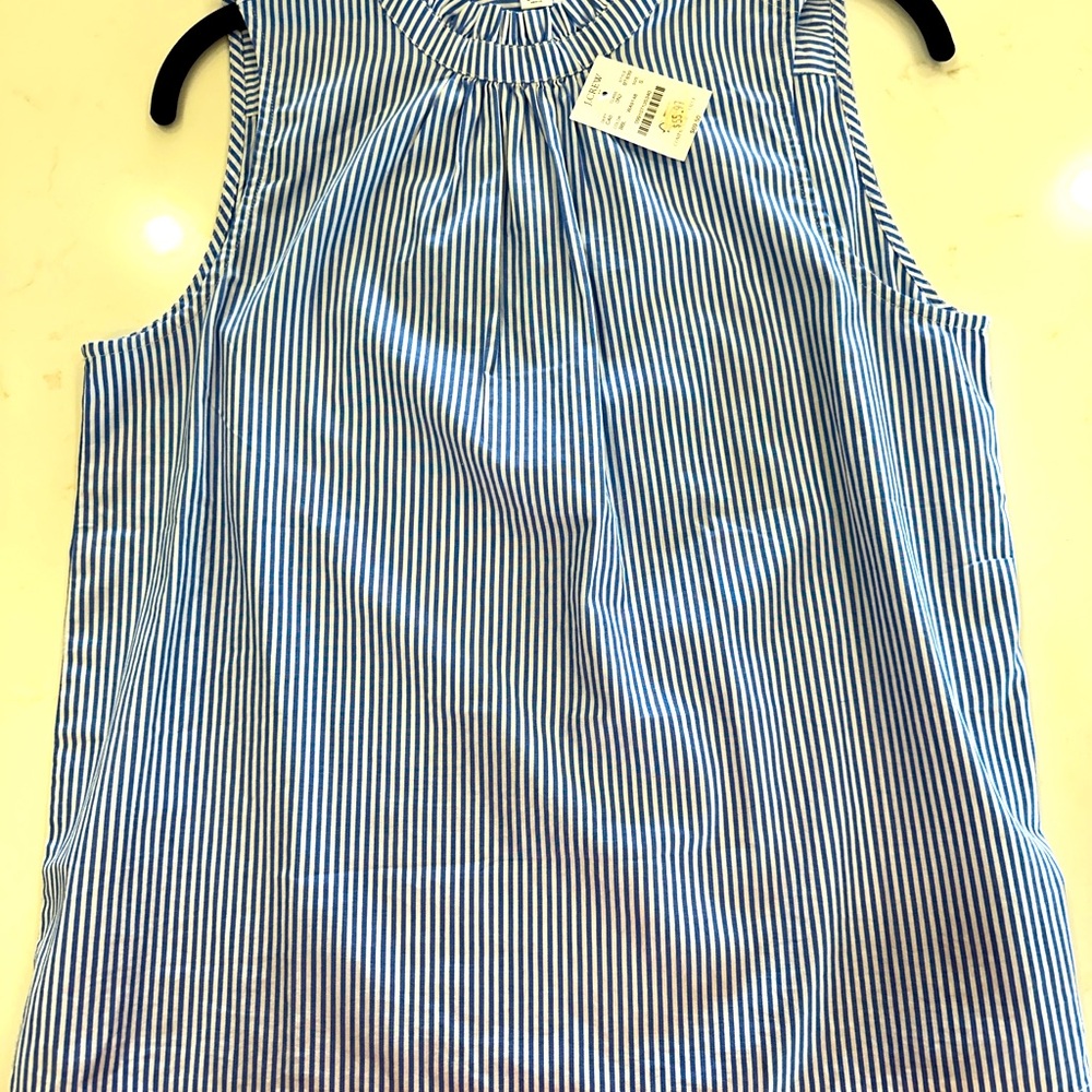 NWT- Blue pinstripe sleeveless ruffle neck top